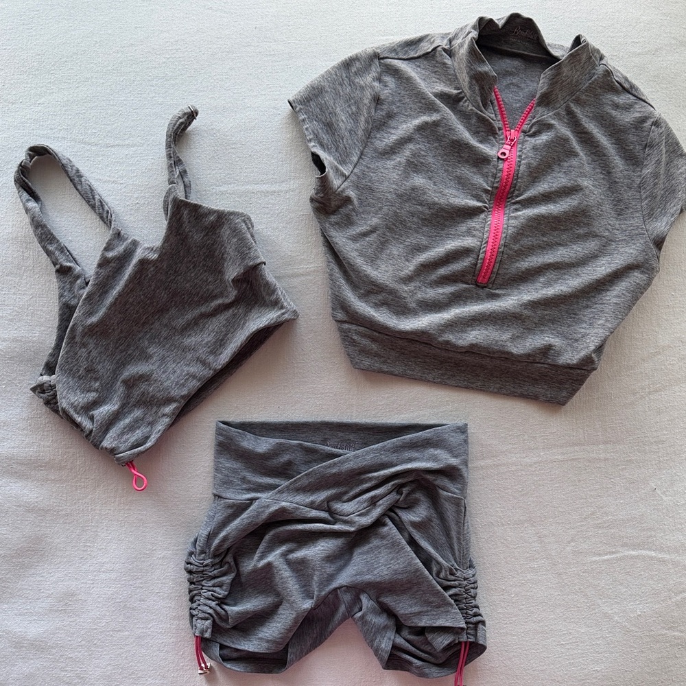 Bombshell Sportswear Gray Athletic Short Set with Pink Zipper